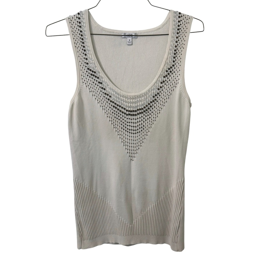 VTG Cache‎ Tank Top Womens M Ivory Ribbed Knit Beaded V-Neck Sleeveless Cocktail